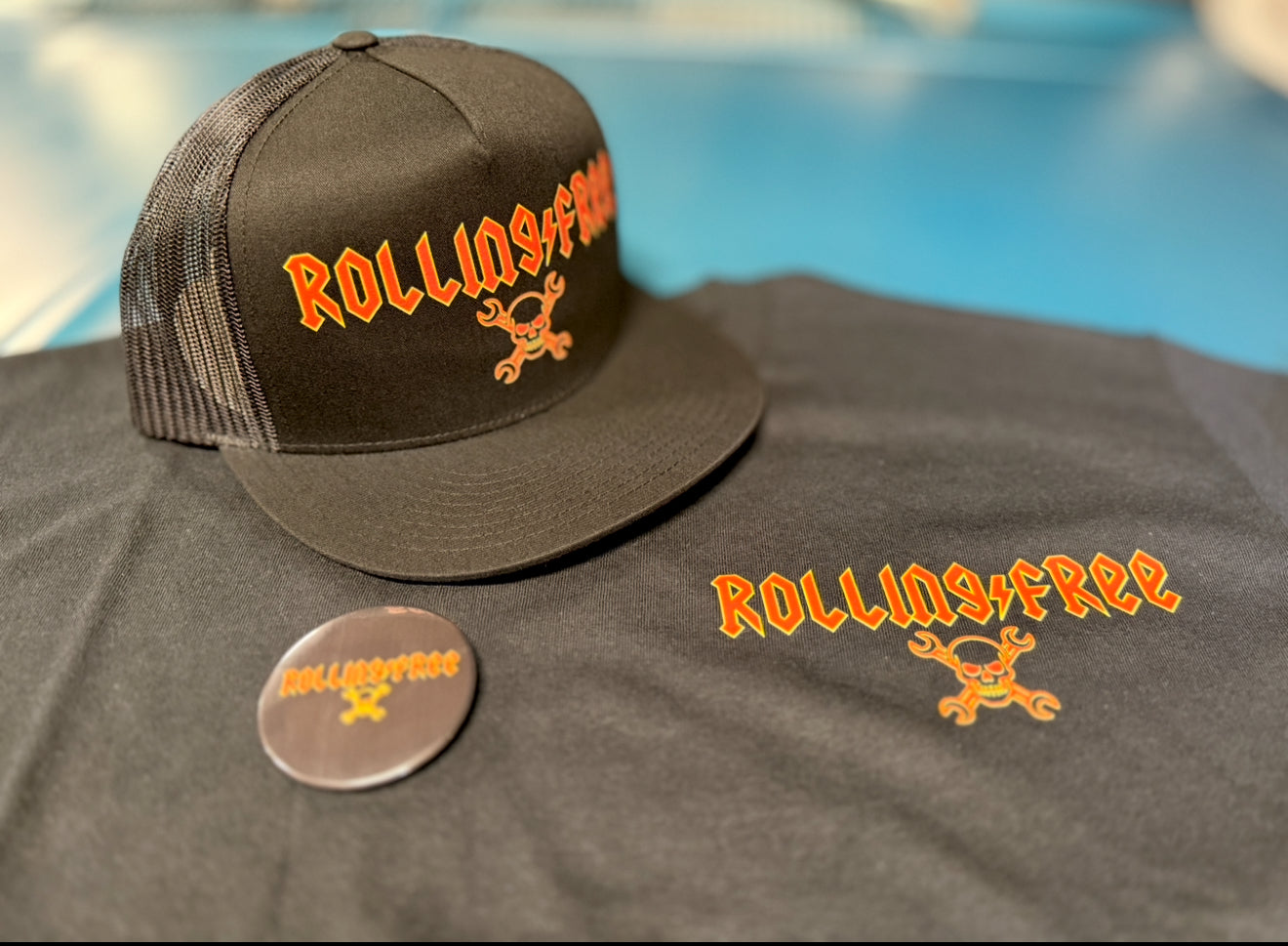 Rolling Free Combo Pack! Wrench & Skull Adult T-shirt, Hat, and Button!